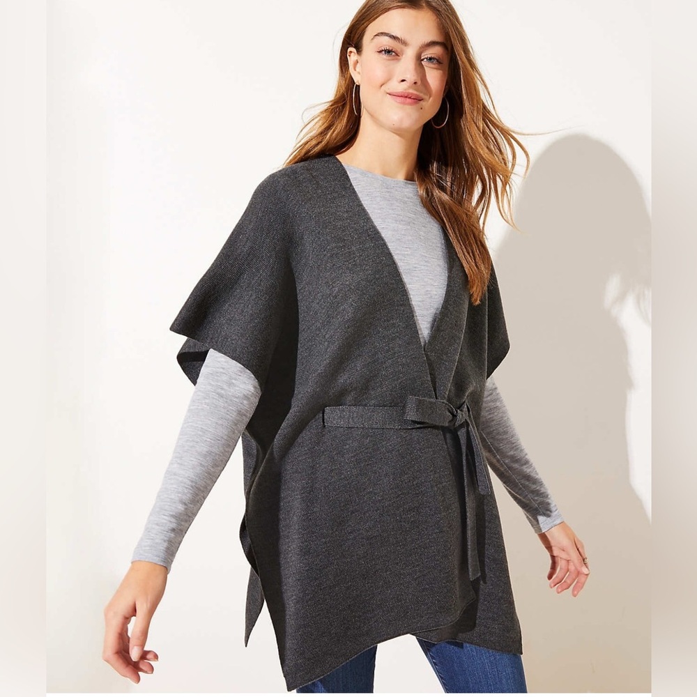 LOFT Charcoal Heather Knit Wrap Cardigan with Stylish Belt